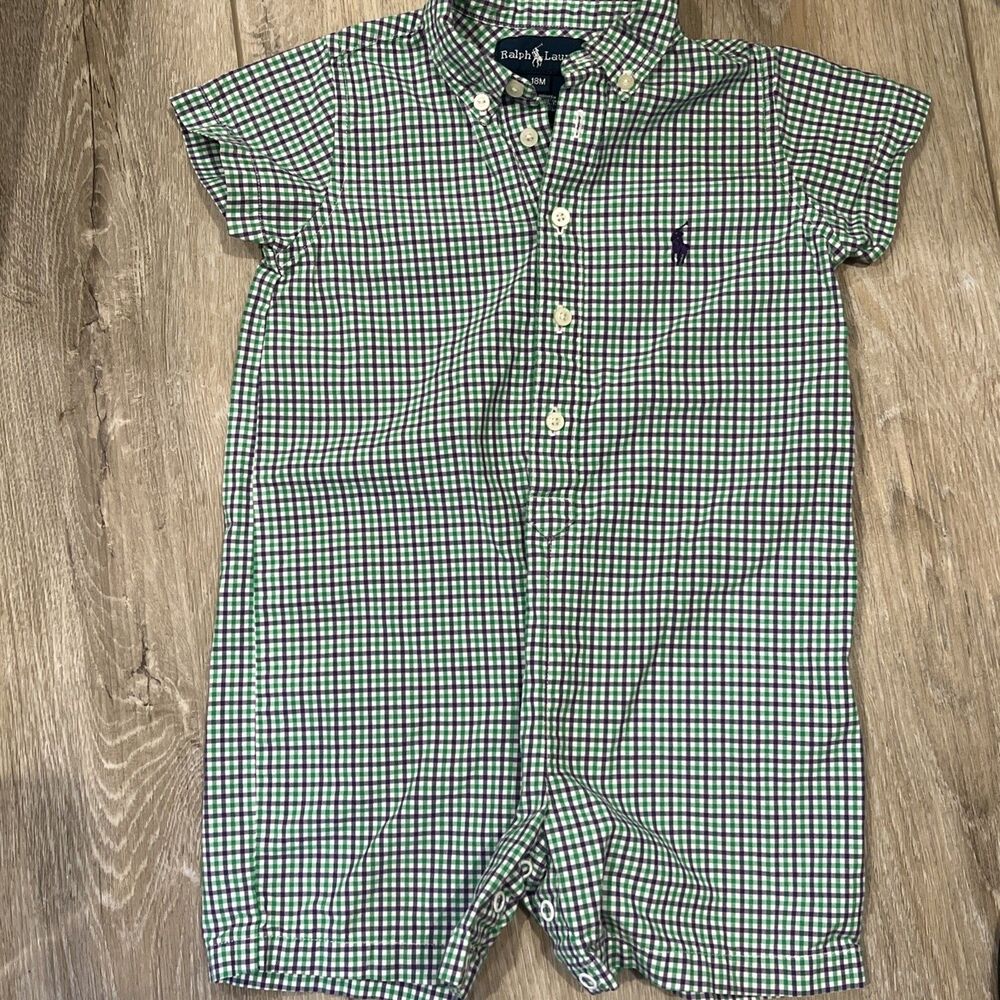Ralph Lauren Plaid Romper Button Up Green Purple White Baby Boy 18 months Cotton